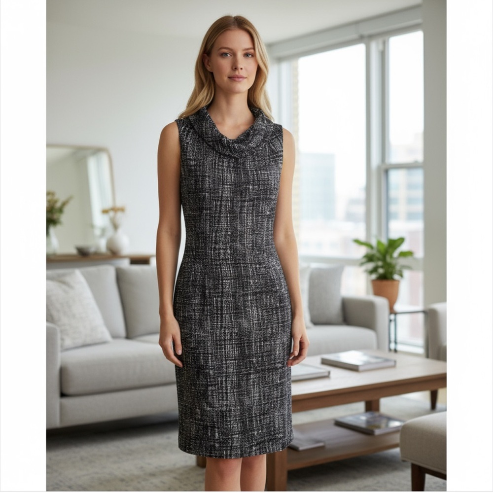 Willi Smith Black & Gray Printed Cowl Neck Sheath Dress 4 Small